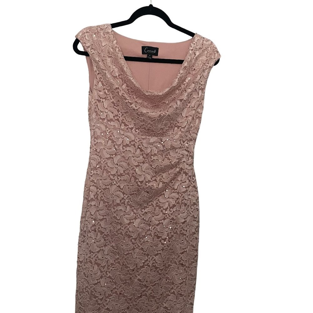 Connected Apparel Sequenced, Crepe Pink, Knee Length, Body Contouring Scoop Neck